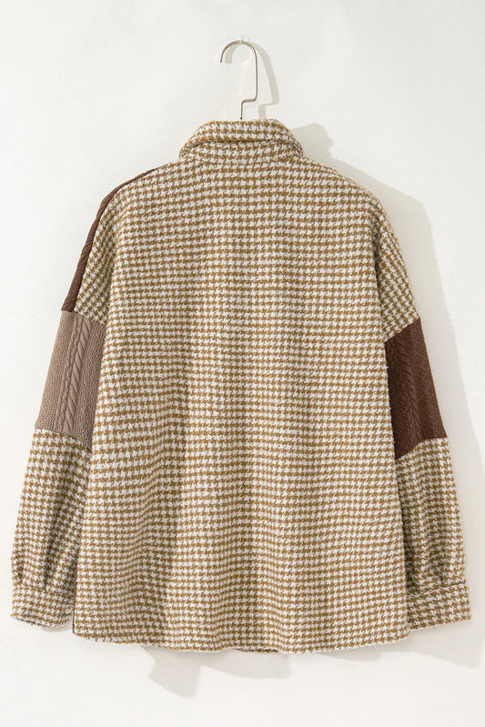 Khaki Houndstooth Patchwork Shacket | Fit Textured Jacket - Femstylo