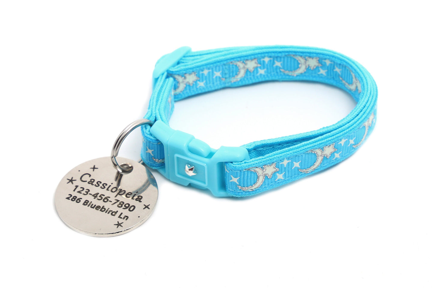 Silver Moons and Stars on Blue Cat Collar