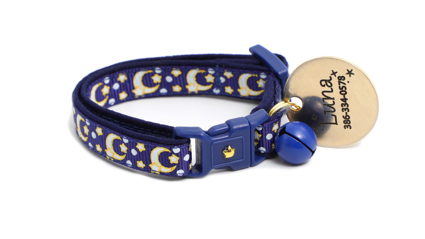 Gold Moons and Stars on Navy Blue Cat Collar