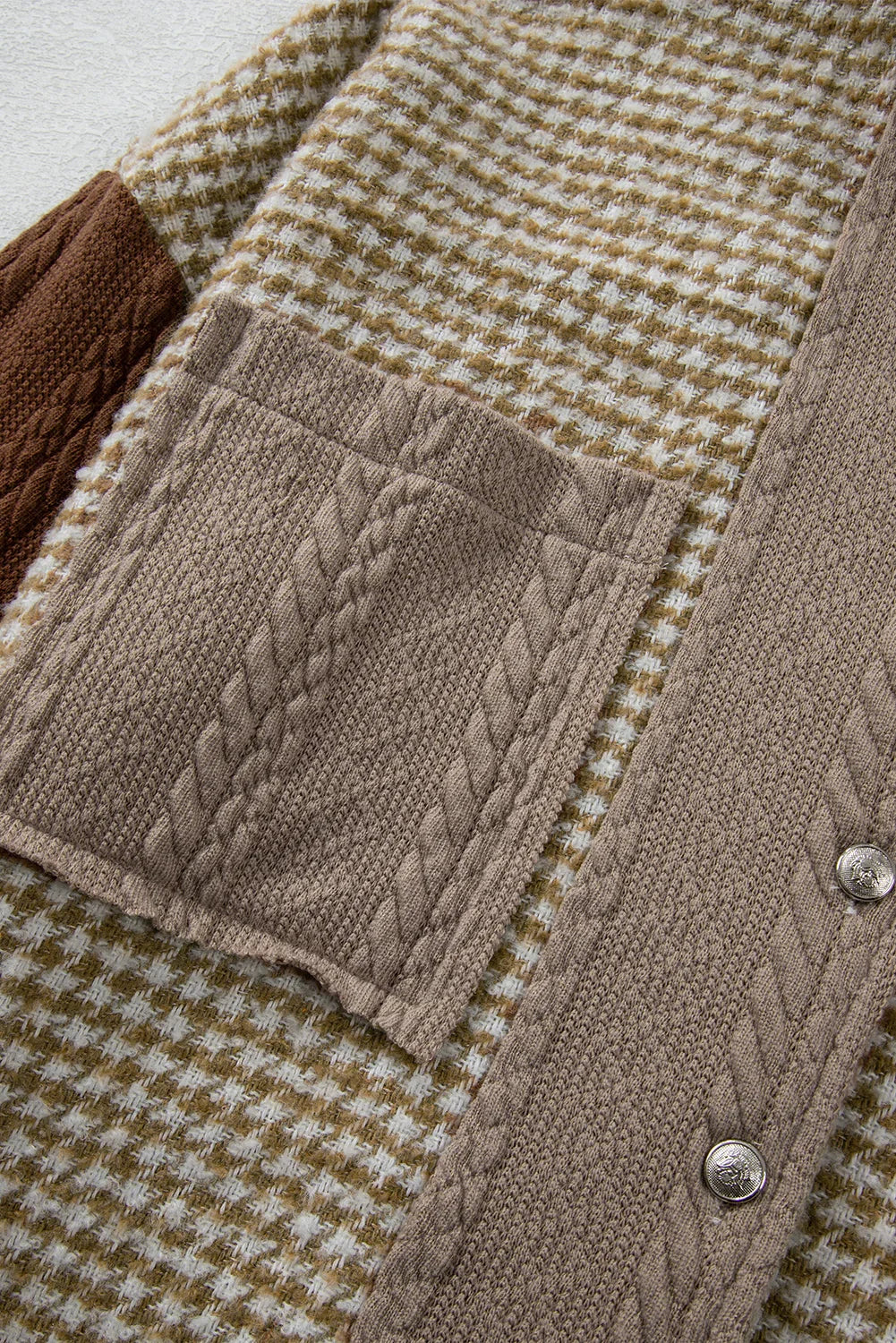 Khaki Houndstooth Patchwork Shacket | Fit Textured Jacket - Femstylo