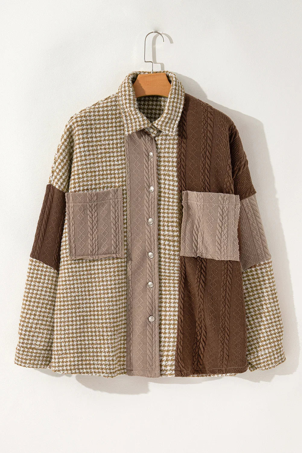 Khaki Houndstooth Patchwork Shacket | Fit Textured Jacket - Femstylo