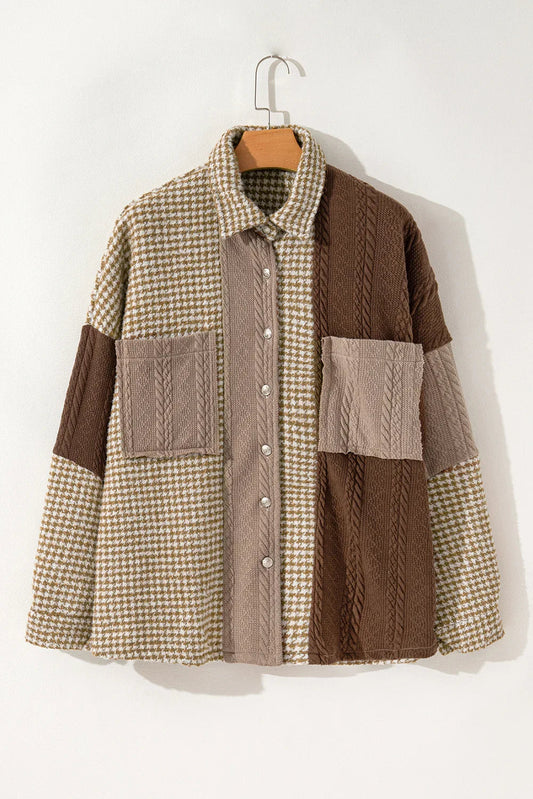 Khaki Houndstooth Patchwork Shacket | Fit Textured Jacket - Femstylo