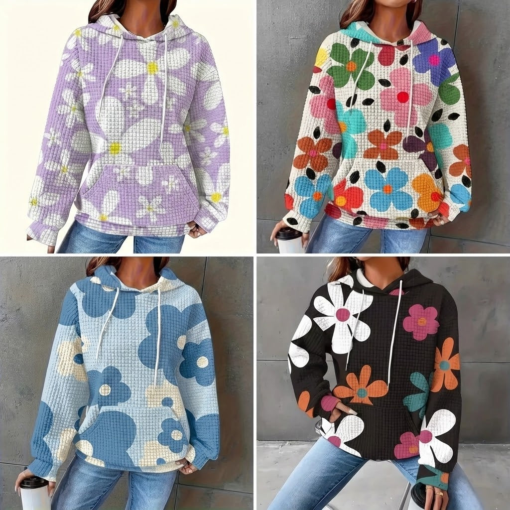 Floral Print Textured Drawstring Hoodie