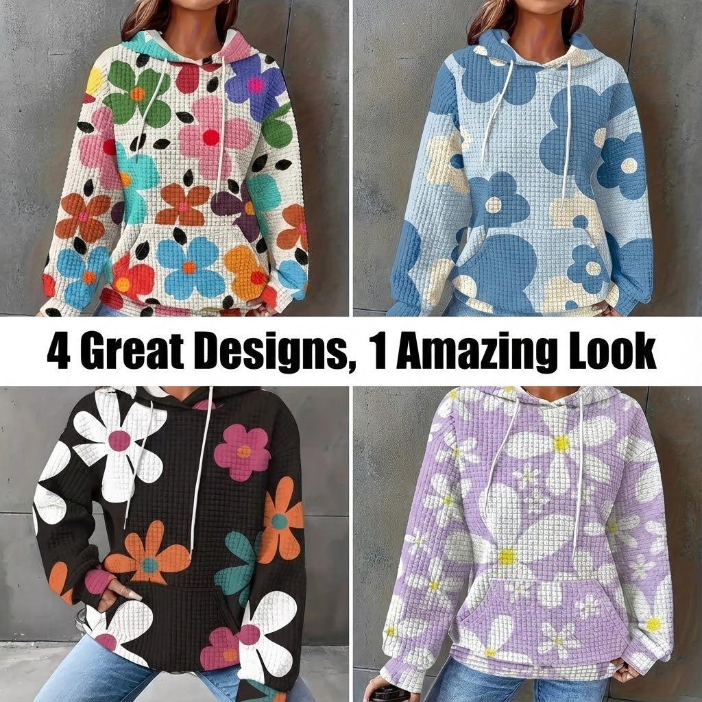 Floral Print Textured Drawstring Hoodie