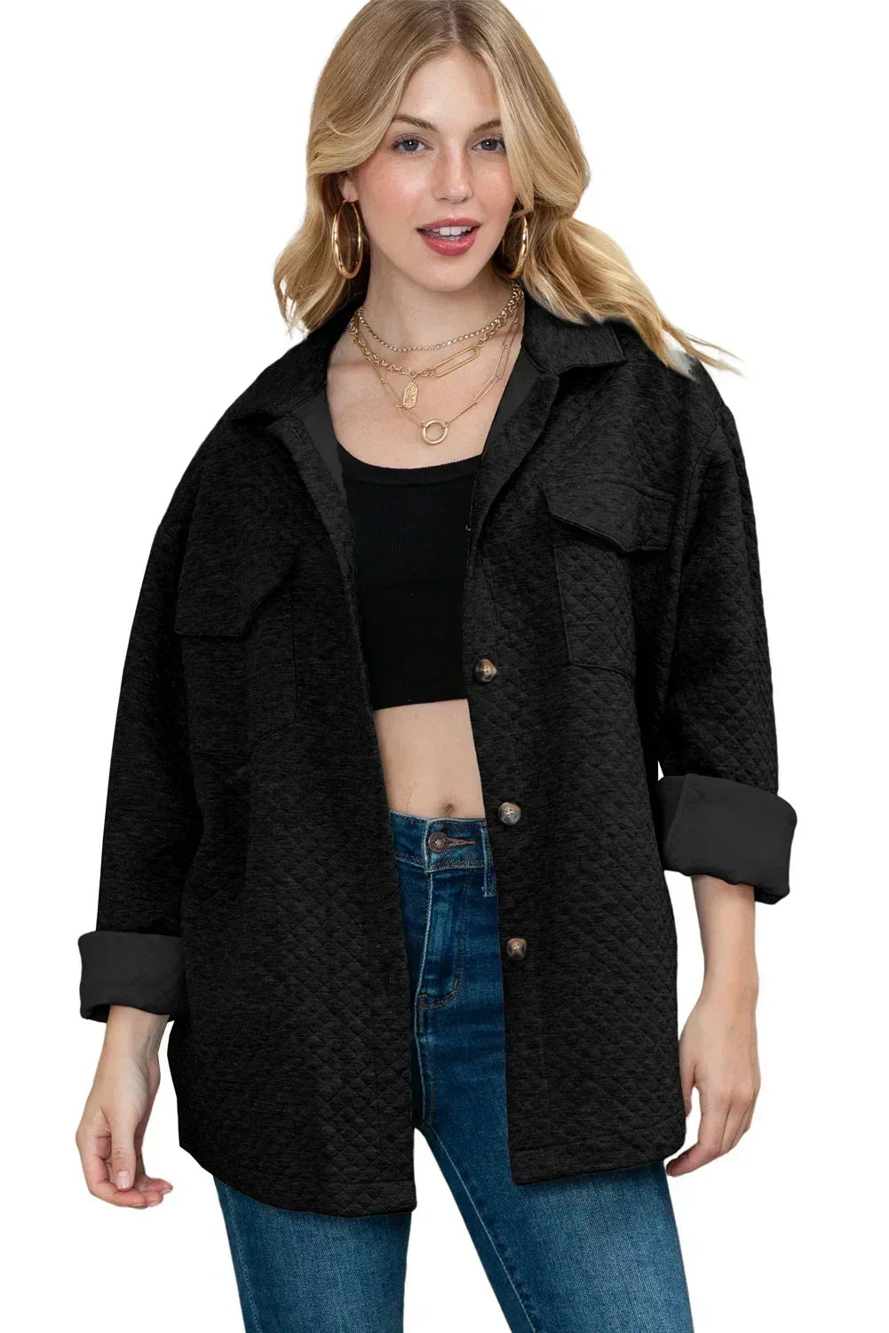 Black Lattice Texture Retro Quilted Shacket – Femstylo
