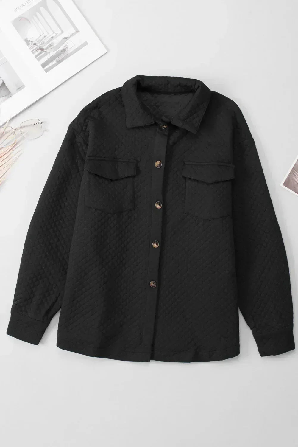 Black Lattice Texture Retro Quilted Shacket – Femstylo