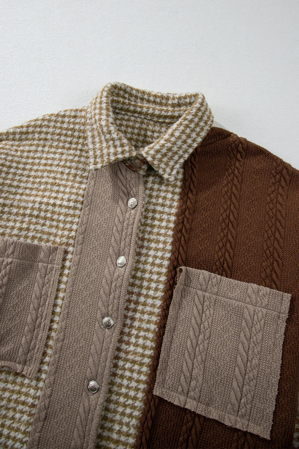 Khaki Houndstooth Patchwork Shacket | Fit Textured Jacket - Femstylo