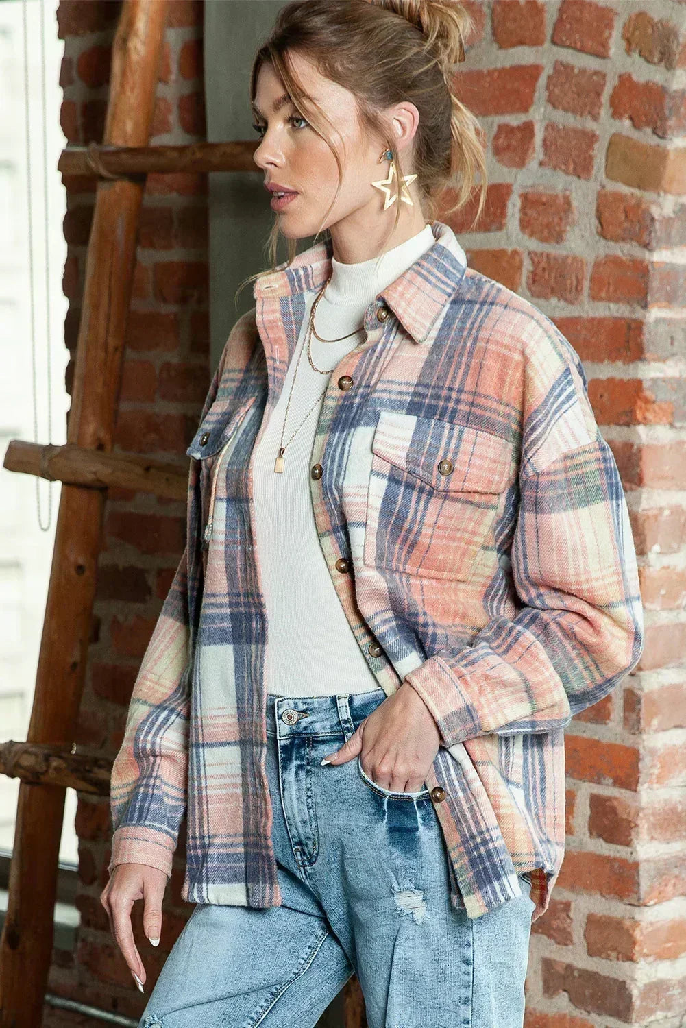 Pink & Grey Button Up Plaid Flannel Shacket – Femstylo