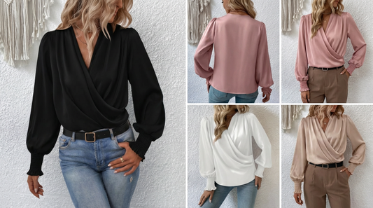 Surplice Smocked Lantern Sleeve Blouse