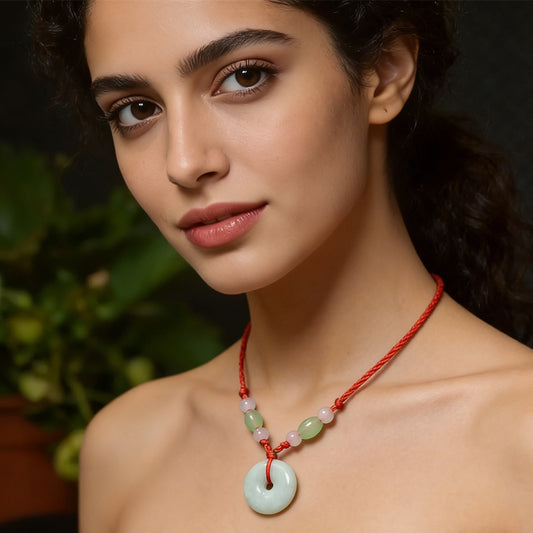 Peace Donut Healing Crystal Jadeite,Circle Coin Shaped Stone Pendant Adjustable Braided Cord Necklace For Inner Peace