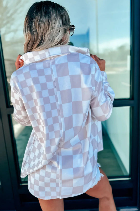 Khaki Checkerboard Shacket | Button Front Flap Pocket Jacket -Femstylo