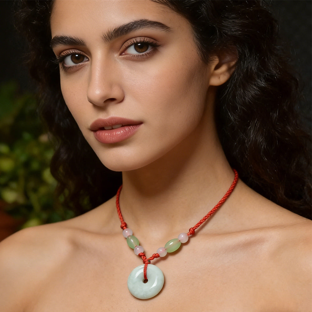 Peace Donut Healing Crystal Jadeite,Circle Coin Shaped Stone Pendant Adjustable Braided Cord Necklace For Inner Peace