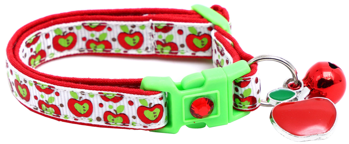 Colorful Red and Green Apples on White Breakaway Cat Collar
