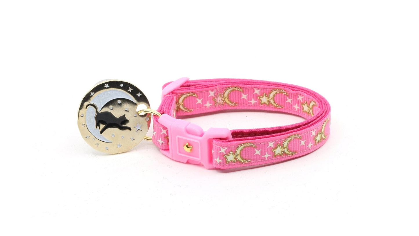 Gold Moons and Stars on Bright Pink Cat Collar