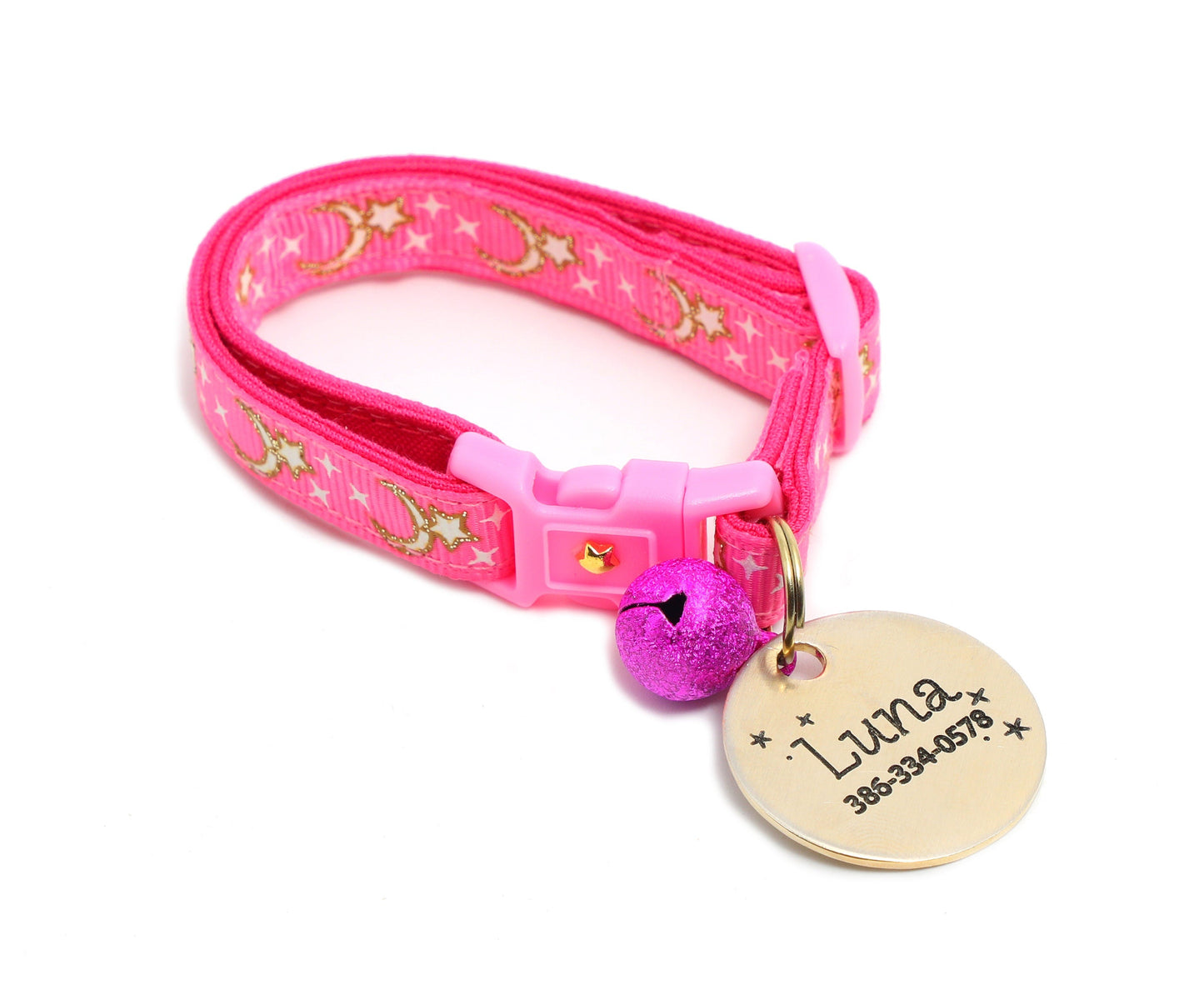 Gold Moons and Stars on Bright Pink Cat Collar