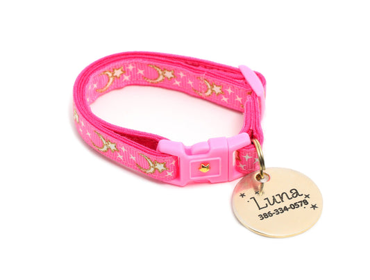 Gold Moons and Stars on Bright Pink Cat Collar