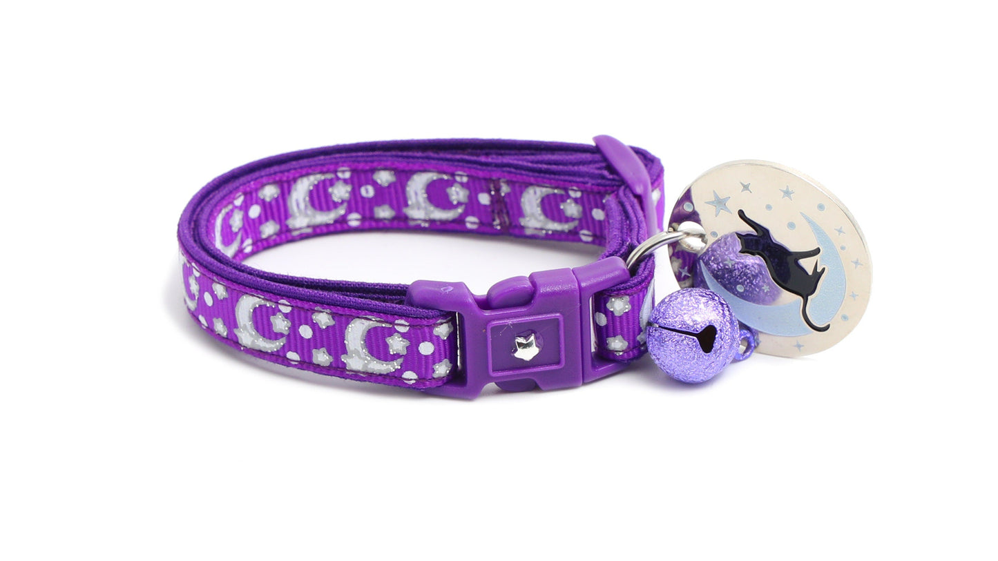 Silver Moons and Stars on Dark Purple Cat Collar