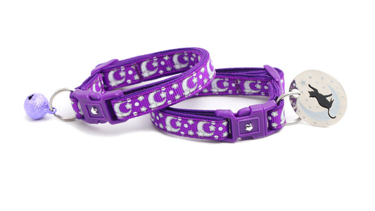 Silver Moons and Stars on Dark Purple Cat Collar