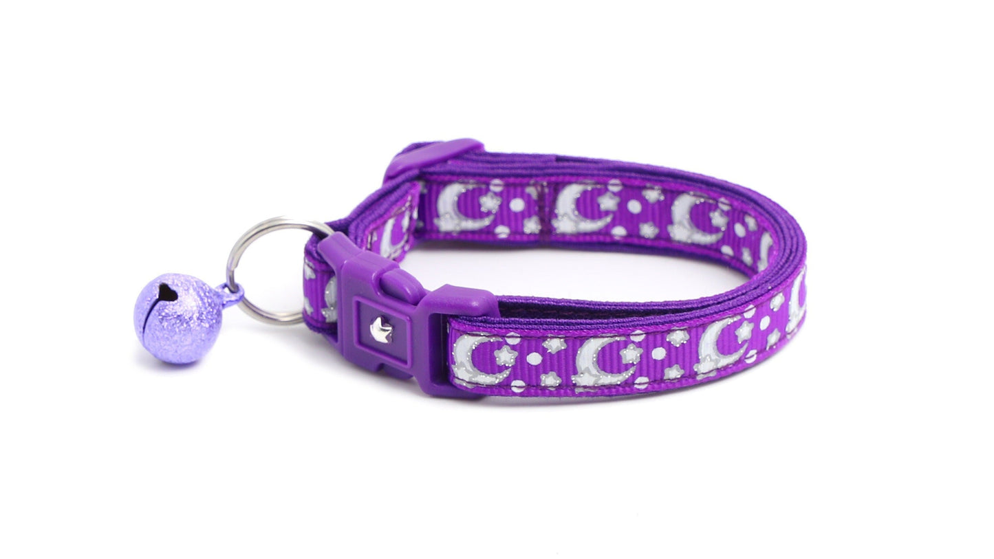 Silver Moons and Stars on Dark Purple Cat Collar