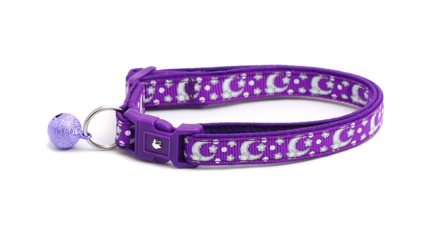 Silver Moons and Stars on Dark Purple Cat Collar