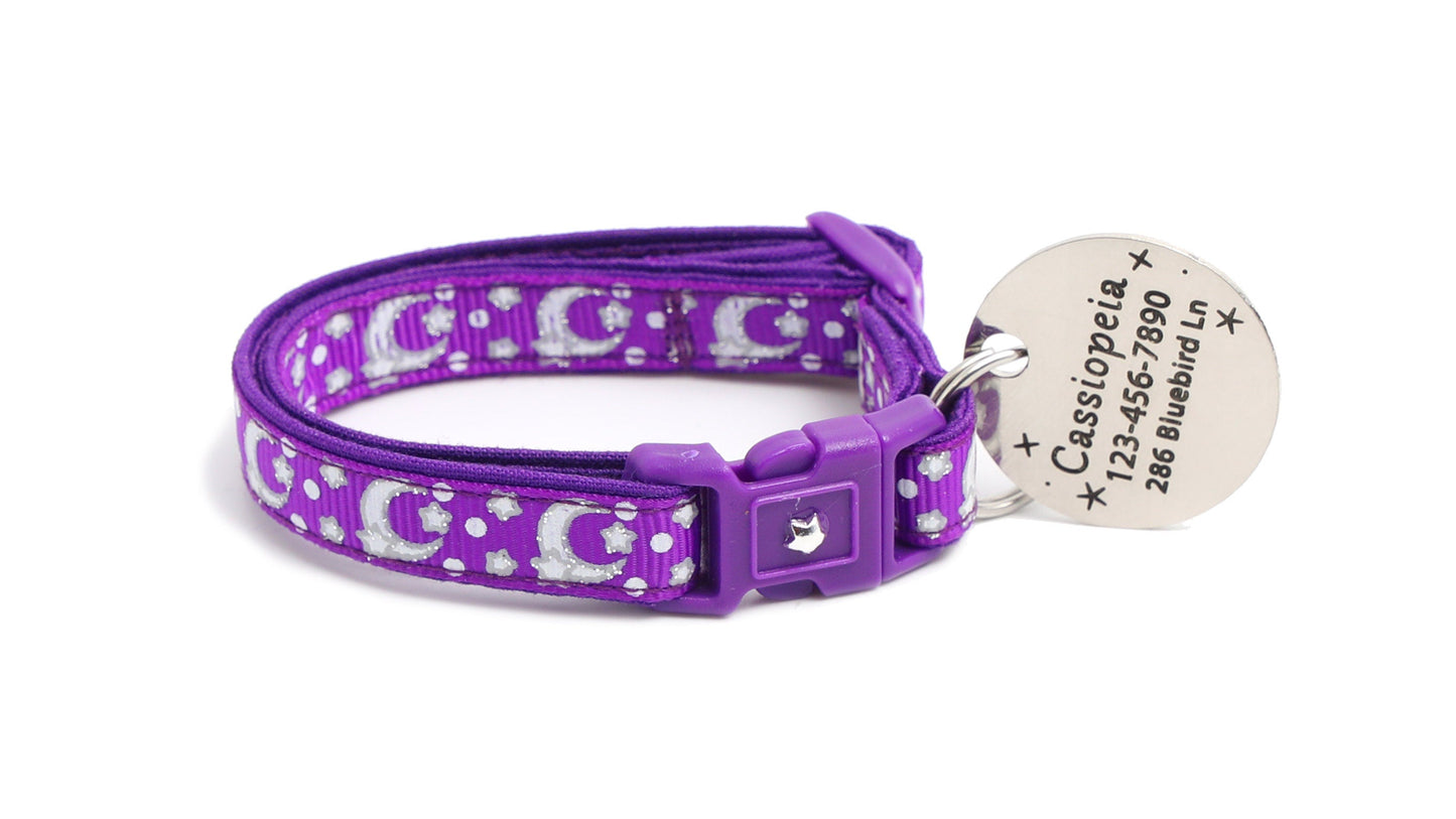 Silver Moons and Stars on Dark Purple Cat Collar