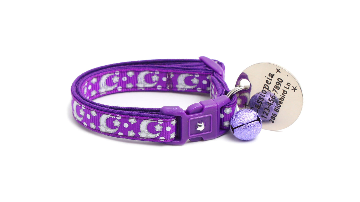 Silver Moons and Stars on Dark Purple Cat Collar