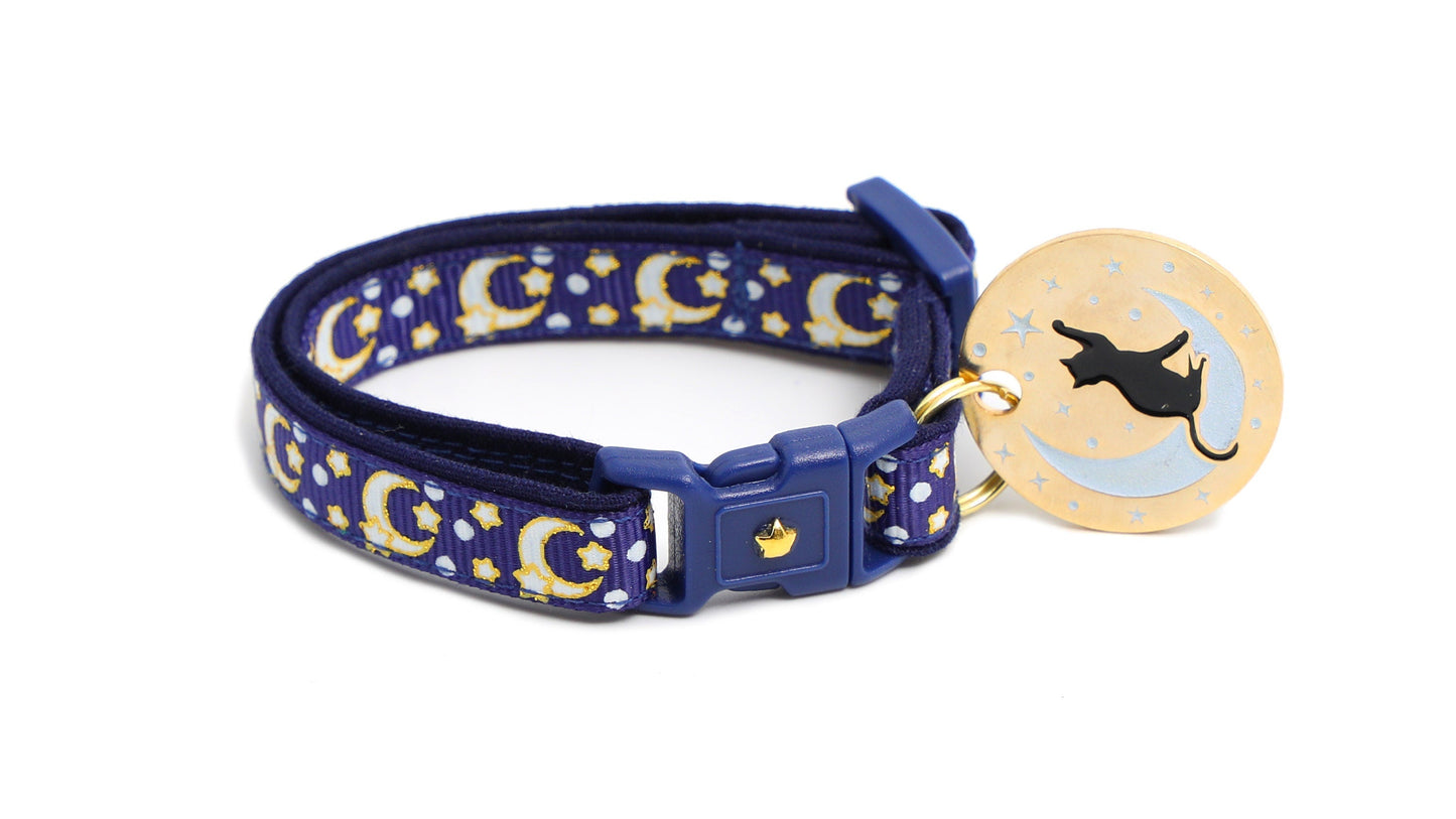 Gold Moons and Stars on Navy Blue Cat Collar