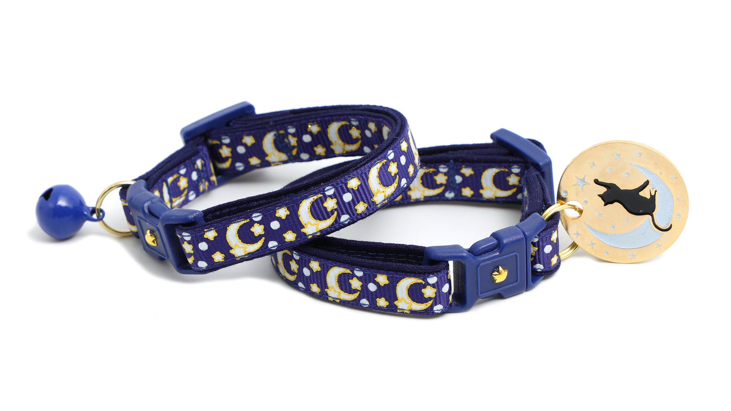 Gold Moons and Stars on Navy Blue Cat Collar